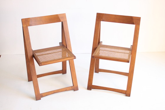 Image 1 of Sedie pieghevoli in legno con seduta in rattan, set di due anni &#39;70