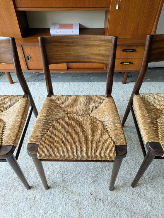 Image 1 of Set vintage di 4 sedie da pranzo in teak e corda di carta, Georg Leowald per Wilkhahn, modello 351
