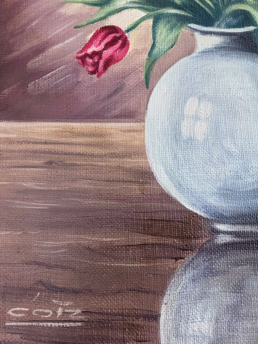 Peinture à l'huile originale vintage représentant une nature morte florale.