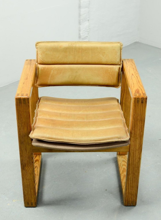 Image 1 of Mid-Century Pair of Dutch Design Camel Leather Cubic Pinewood Side Chairs by Ate van Apeldoorn for Houtwerk Hattem. 1960s.