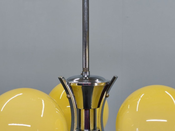Image 1 of Art Deco Chrome and Opaline Glass Chandelier, Czechoslovakia