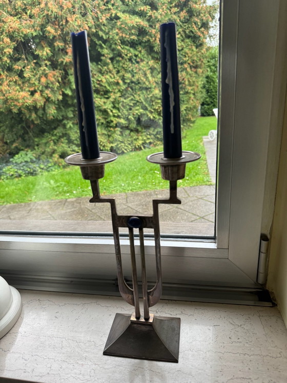 Pair of Art Deco Style Candle holders by Gunther Lambert, Silver-plated with Lapis Lazuli (Set of 2) (photo 6 of 7)