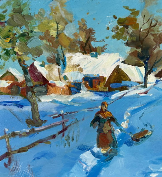 Image 1 of Peinture à l'huile originale Paysage de village enneigé Conte du soir d'hiver