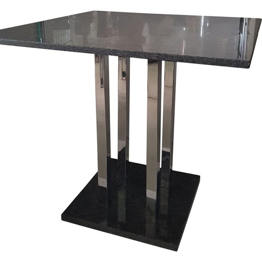 Mesa vintage de granito negro con patas cromadas y base de granito, década de 1980