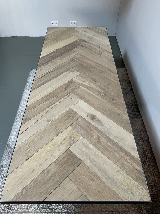 Herringbone dining table recycled wood