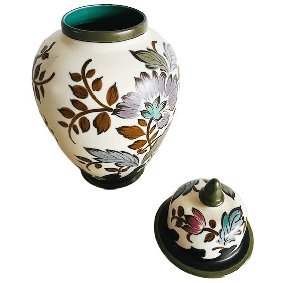 Image 1 of Mid-century Royal Gouda lidded vase South Holland lidded pot Verinique flowers 1950s