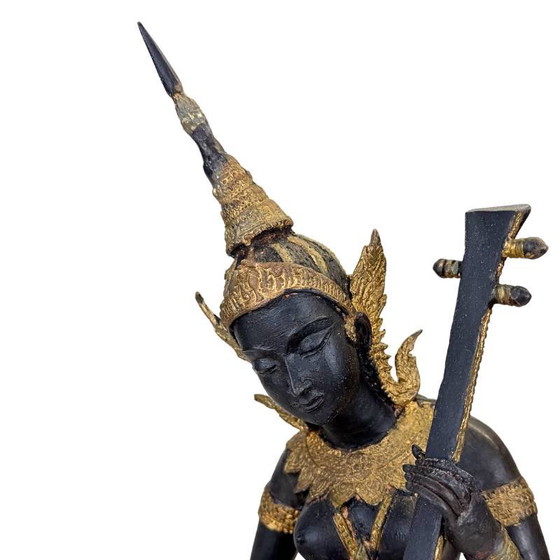 Thaise Muzikant Beeld Brons – Goud Zwart Patina Tempelfiguur – Beeldhouwkunst, Bronze, Aziatisch (photo 10 of 14)