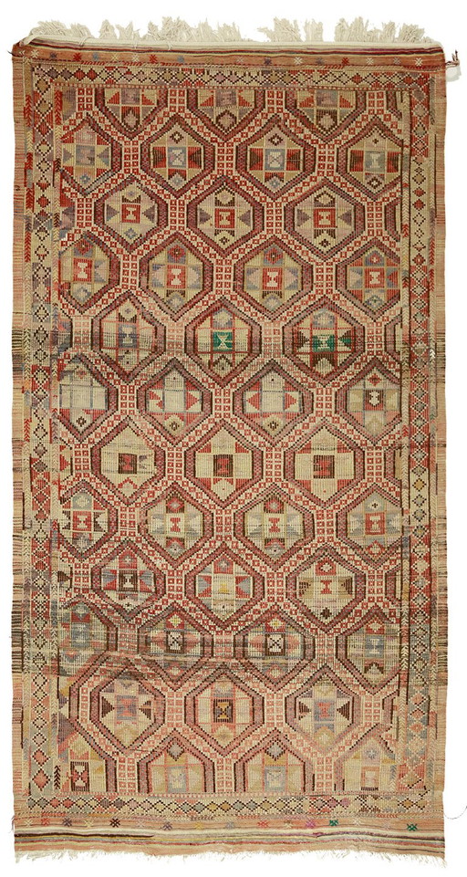 Tappeto turco vintage Usak Kilim 300x160 cm – Tessuto a mano in lana con motivo geometrico, tessitura piatta anatolica tinta