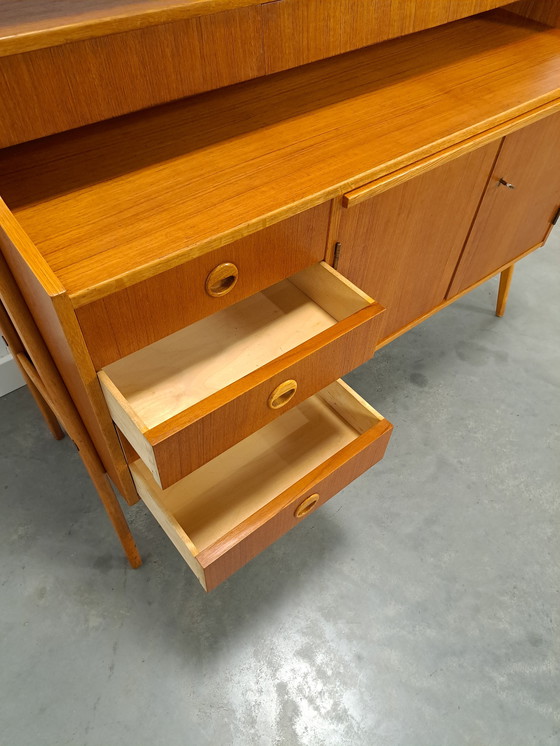 Image 1 of Teak Veneer Cabinet From Sweden With Drawers, Shelf And Extendable Shelf