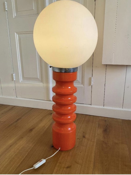 Image 1 of Vintage orange ceramic floor lamp with a glass ball from the 1960s