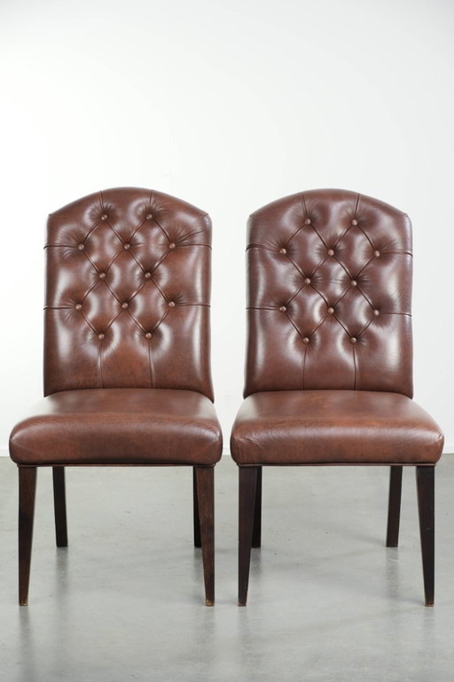 4x vintage rundleren chesterfield eetkamerstoel in een mooie donker bruine kleur – eetkamerstoelen, Leather (photo 2 of 13)