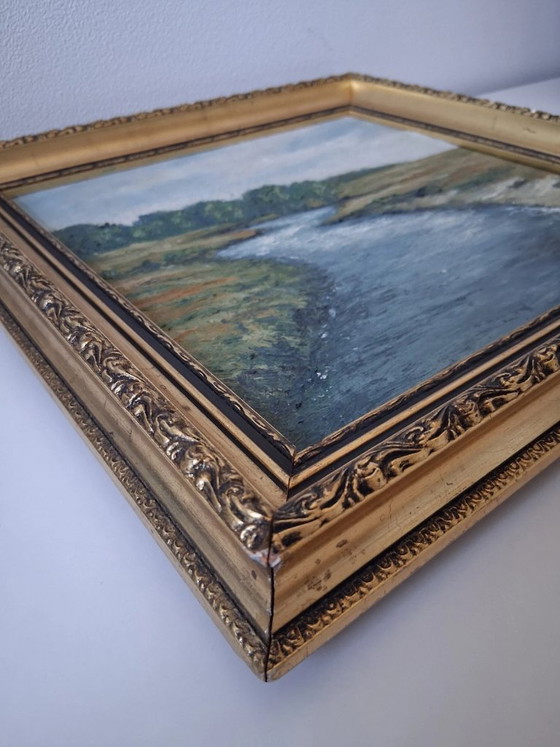 Image 1 of Dipinto originale ad olio su tela con cornice in legno | Paesaggio fluviale | Vintage