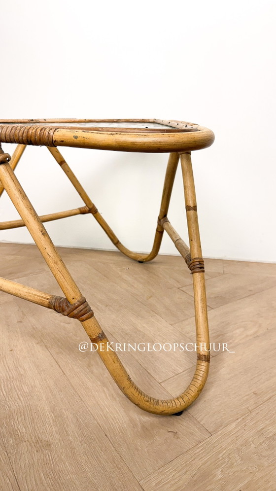 Tavolino triangolare vintage, Rohé Noordwolde, Tavolini, Vetro, Bambù, Marrone (foto 4 di 5)