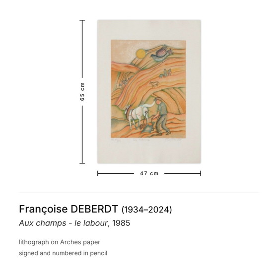 Françoise Deberdt Lithographie Signée Aux Champs - Le Labor 1985 – Lithographies et sérigraphies, Paper (photo 3 of 5)
