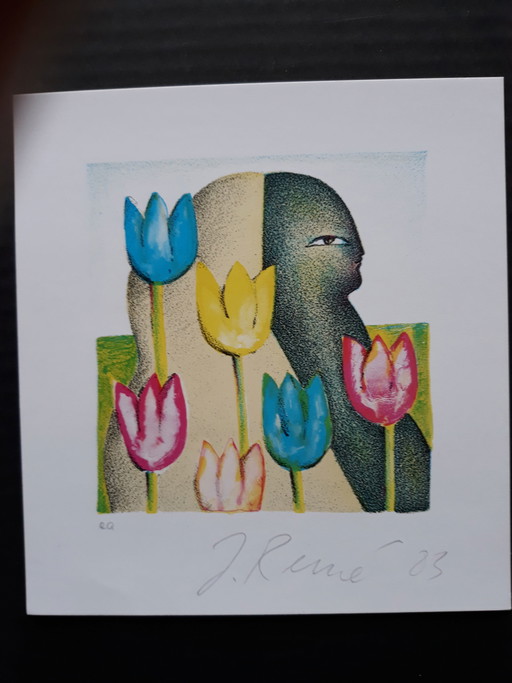 Jorg Reme Litografia offset a colori Tulipani Firmata a mano.