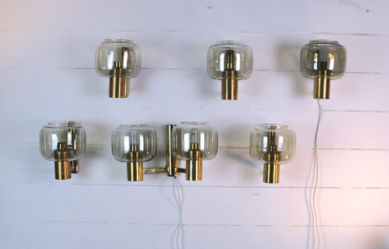 Image 1 of Coppia di applique scandinave in ottone con vetro fumé, dlg Hans-Agne Jakobssen