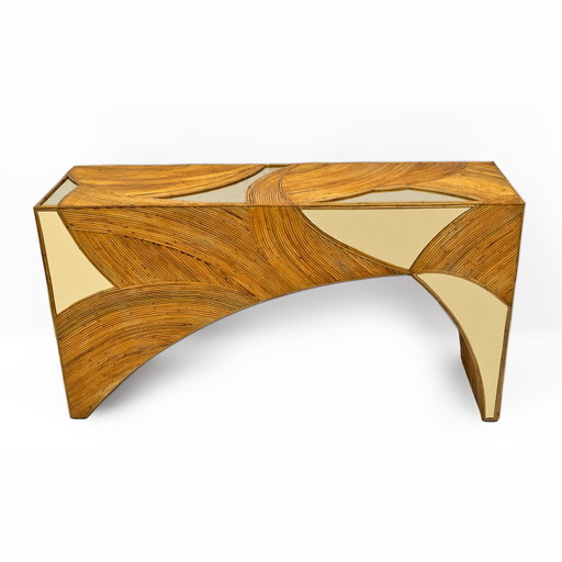 Consolle centrale in rattan e ottone, stile moderno italiano, di Vivai Del Sud, anni '70