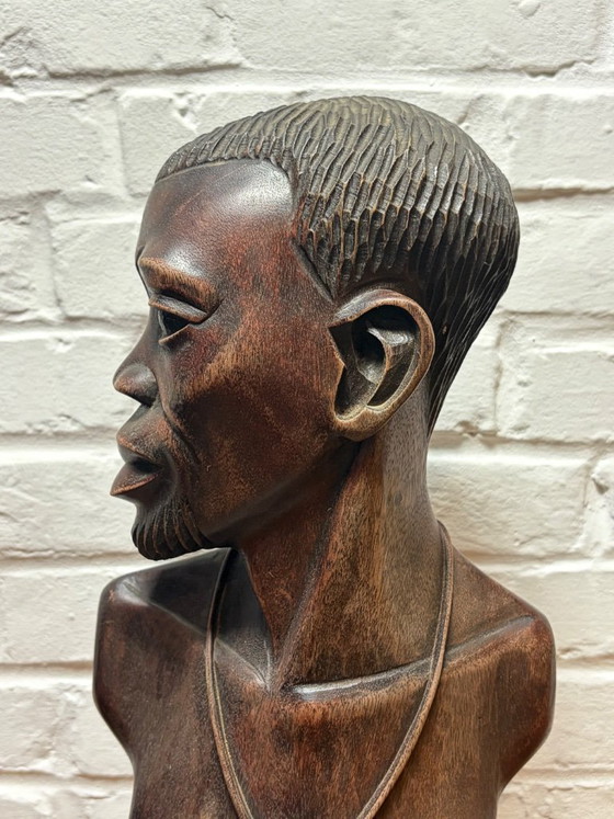 Image 1 of Busto africano vintage di metà secolo in legno massello – 41 cm – Firmato Zinga