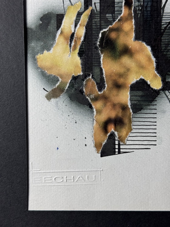 Image 1 of Eugène Eechaut (1928-2019) - ingelijste inktcompositie met collage, 1987