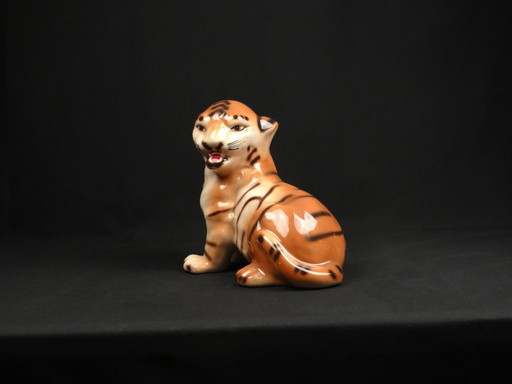 Cracked Italian ceramic tiger Hollywood Regency Vintage 60s