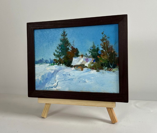 Original Oil Painting Snow Forest Landscape House in the Snow
