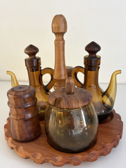 Set olio e aceto vintage – vetro ambrato e legno – vassoio