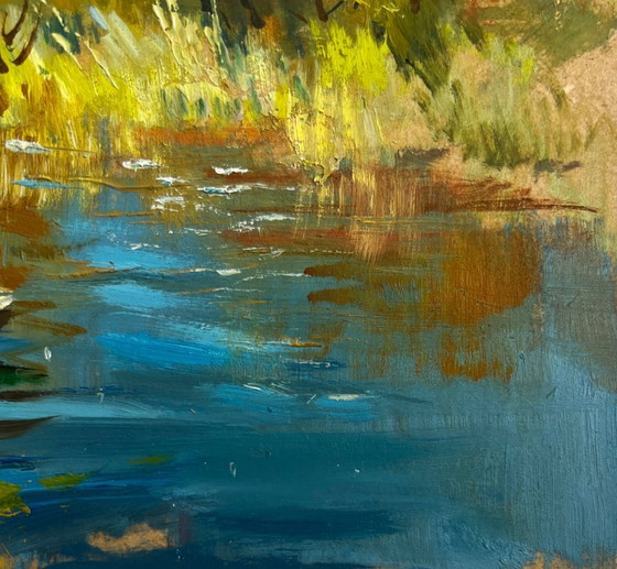 Image 1 of Original Oil Painting Autumn River Landscape River in golden foliage