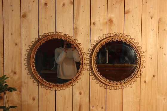 Image 1 of Paire de miroir rotin rond par Franco Albini Italie 1950