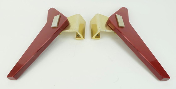 Image 1 of a pair of very rare mid-century door handles push handles red bakelite and aluminum 1950s streamline bungalow