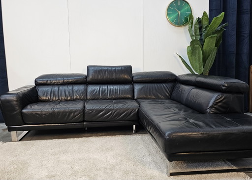 Montel Corner Sofa Black Leather Adjustable Headrests