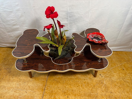 Image 1 of Mid-Century Retro Vintage Tiered Coffee Table / Plant Stand 1960  Dark Formica Grain Finish • White Trim • Unusual Shape • Styli