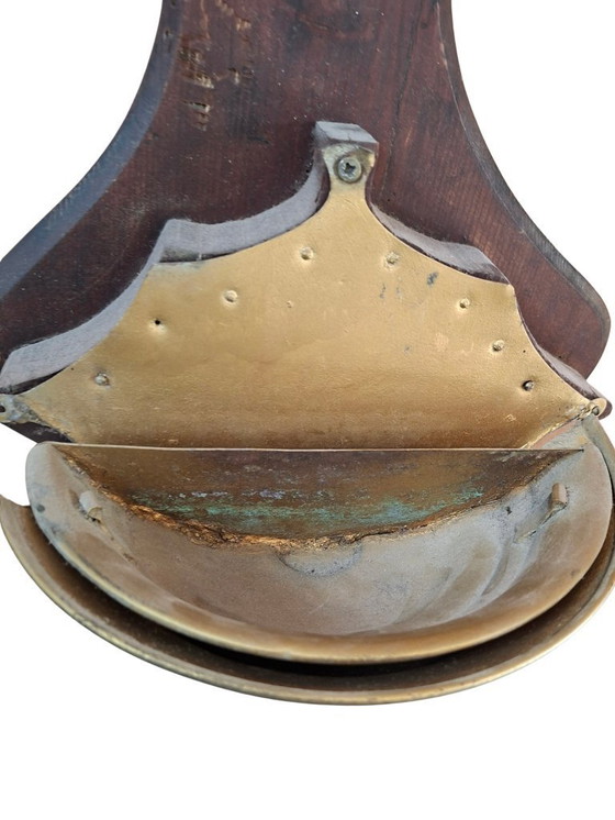 Image 1 of Antique Wall-Mounted Brass and Wood Washbasin with Cross, Early 1900s