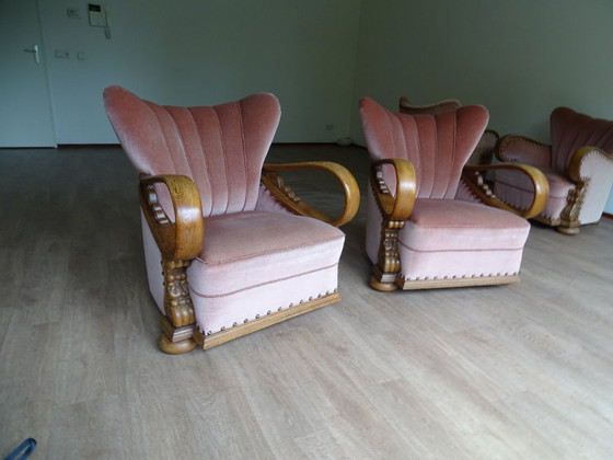 Image 1 of ⚠️ 2 sur 4 encore disponibles | Fauteuils club Art déco (env. 1920-1950) | Velours rose poudré | Chêne sculpté