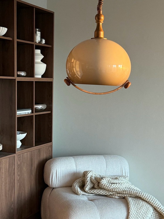 Vintage 70s design pendant lamp – Space Age – Plastic, Wood (photo 2 of 14)