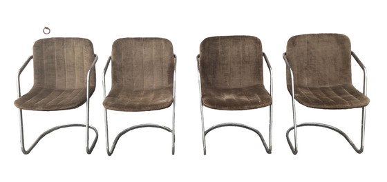 Image 1 of 4 Chromen frame met stoffen groen/bruine bekleding eetkamerstoel