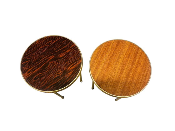 Image 1 of Vintage messing bijzettafeltjes plantentafeltjes met hout jaren 60