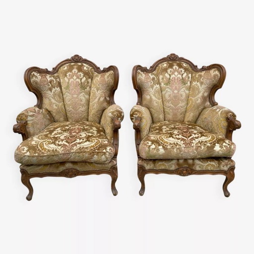 2 sillones estilo Luis XV en tejido de brocado y terciopelo