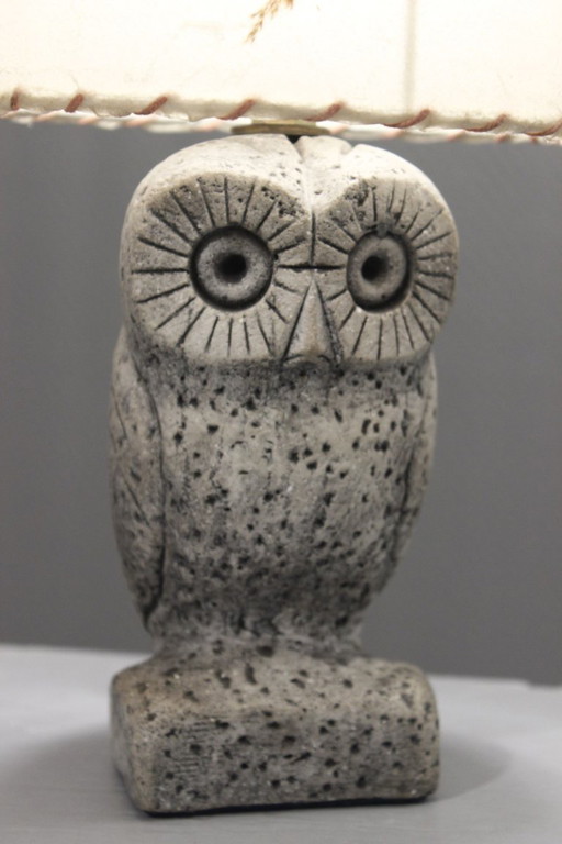 Lampada a forma di gufo vintage anni '70, gesso dipinto, paralume in stile erbario