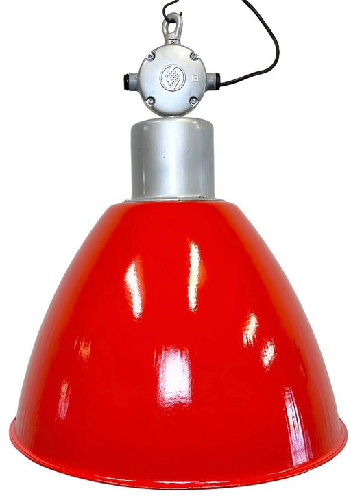 Large Red Painted Industrial Factory Lamp from Elektrosvit, 1960s