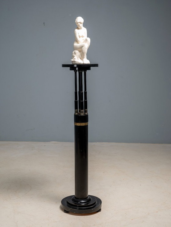 Image 1 of Black Lacquered Pedestal with Brass Details, 20th Century