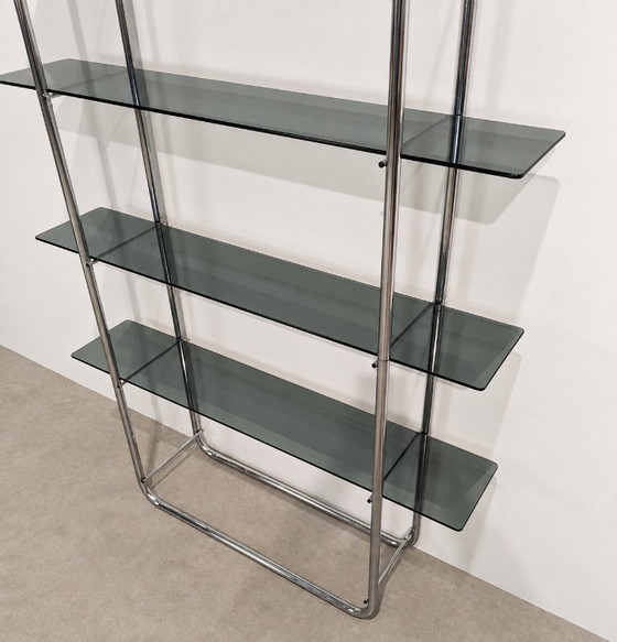 Scaffali a muro vintage cromati con vetro fumé – Anni '70 – Space Age – Glass (photo 6 of 9)