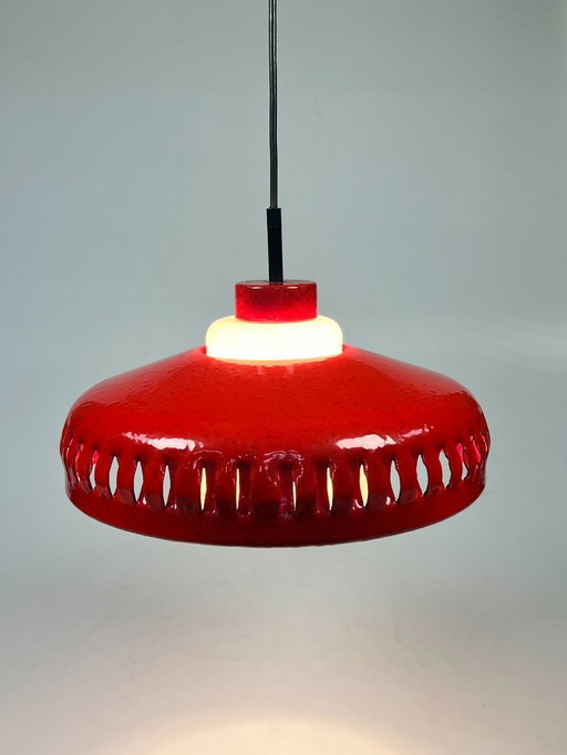 Vintage pendant lamp, red enamel, white opal glass, Hustadt Leuchten, Germany 1960s