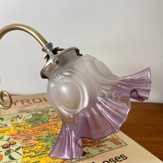 Image 1 of Messing wandlamp met zwanenhals en glazen tulpvormige kap.