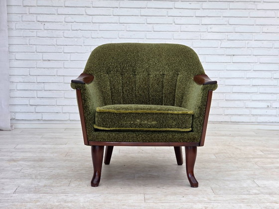 Image 1 of Anni '70, poltrona norvegese, tessuto d'arredamento verde, legno di teak.