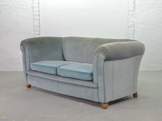 Image 1 of Chesterfield Style Duotone Two-Seat Victorian Sofa in Frosted Blue and Moss Green Velvet, 1950s.