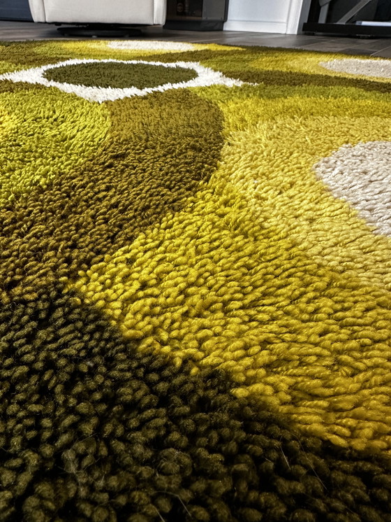 Image 1 of Original Prinstapijt-Teppich aus der 70er Jahre im Rya-Design mit warmen Grün- und Gelbtönen