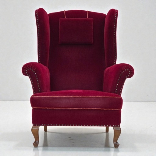 1960s, Danish highback wingback armchair, cherry-red furniture velour.