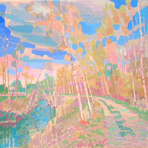 Painting of birch trees by a river, hand-painted unique piece, nature, landscape painting, sky, acrylic painting 50x50cm