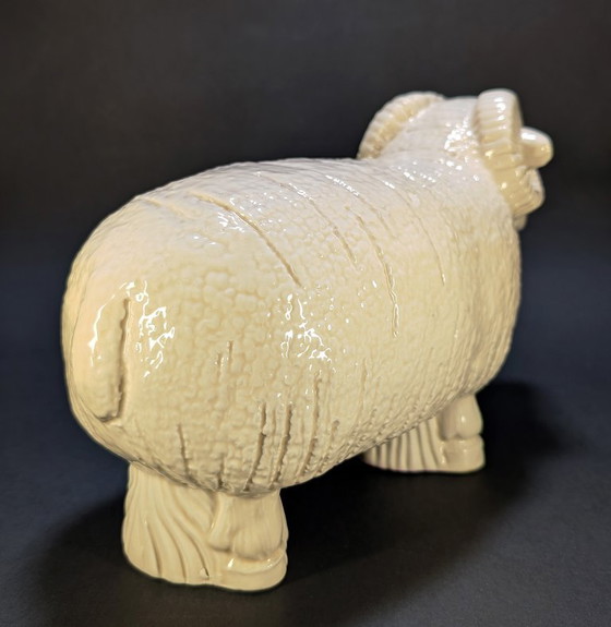 Large Cream Glazed Ceramic Ram – 30 cm – Sculpture (photo 3 of 10)