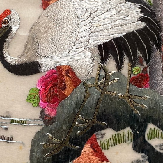Image 1 of Vintage Asian antique embroidery picture of a stork and bird